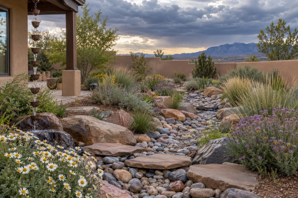 Dry creek rain garden with river rock, stepping stones, boulders and native grasses fed by a rain chain from the roof