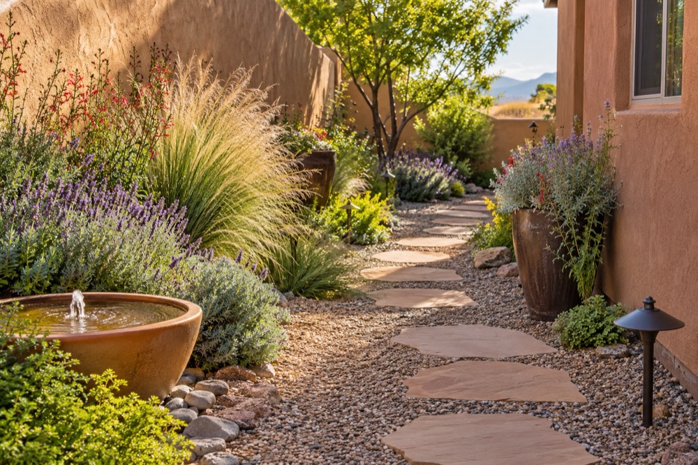 Narrow side yard turned into a garden walk with sandstone stepping pads, lavender, feather grass and a small bowl fountain